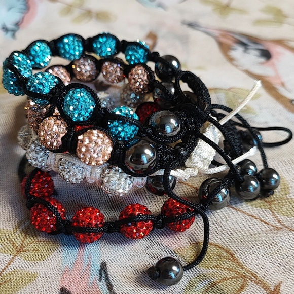 4 Adjustable White & Black Corded Rhinestone Hematite Slide Beaded Bracelets NEW - Picture 8 of 9